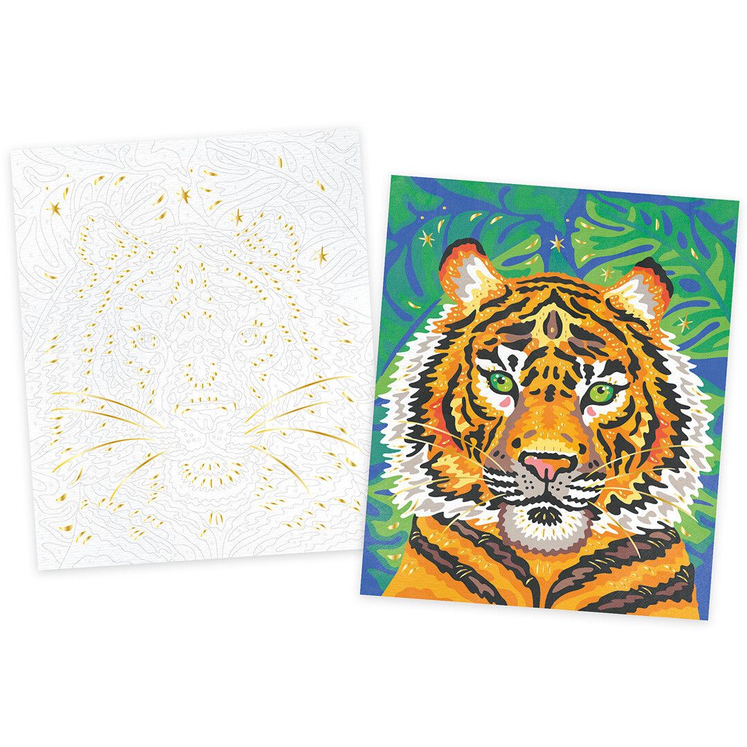 Een blanco Janod schilderen op nummer plaat naast een voltooid schilderij van een tijger.