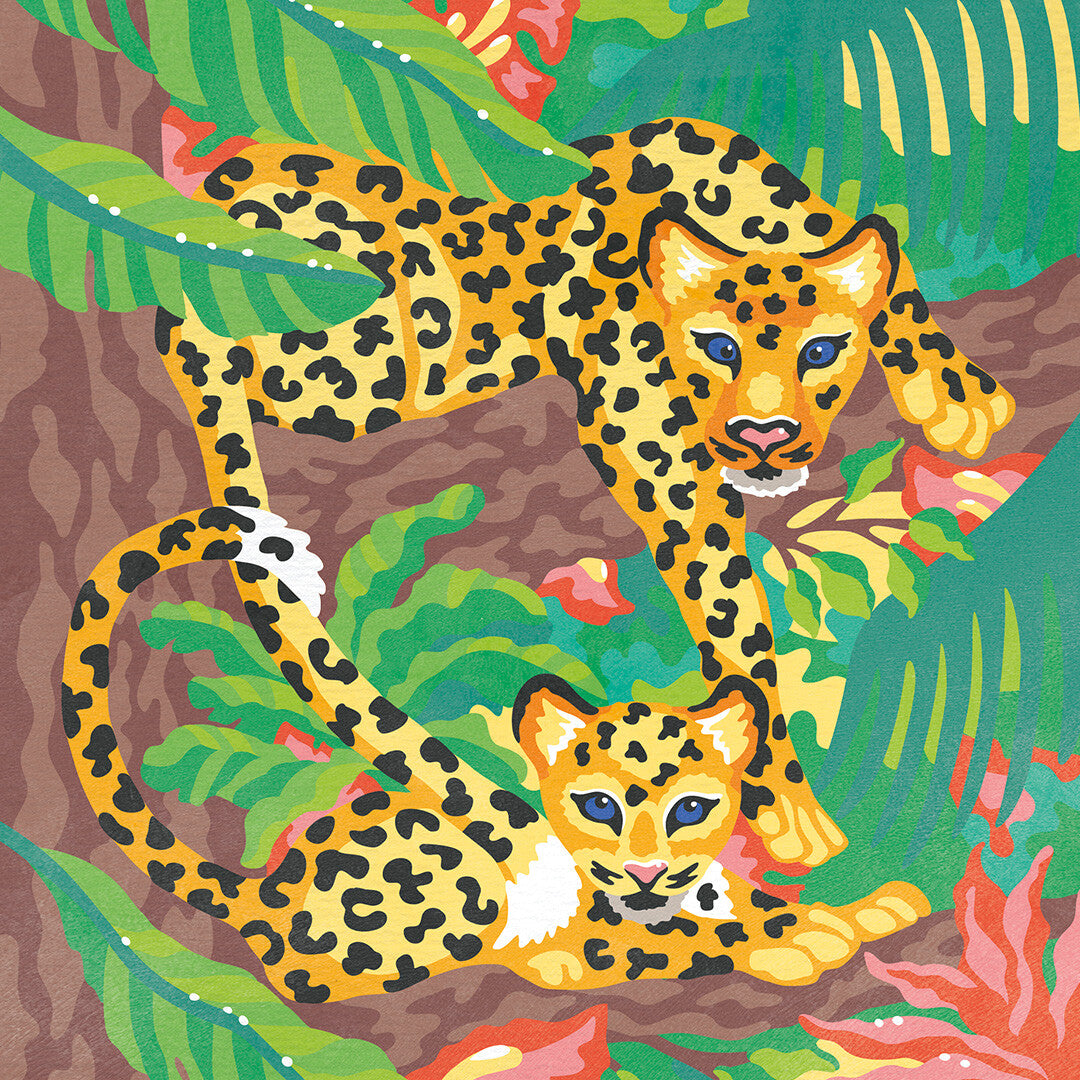 Detail van een voltooid Janod schilderen op nummer schilderij met twee luipaarden in de jungle.