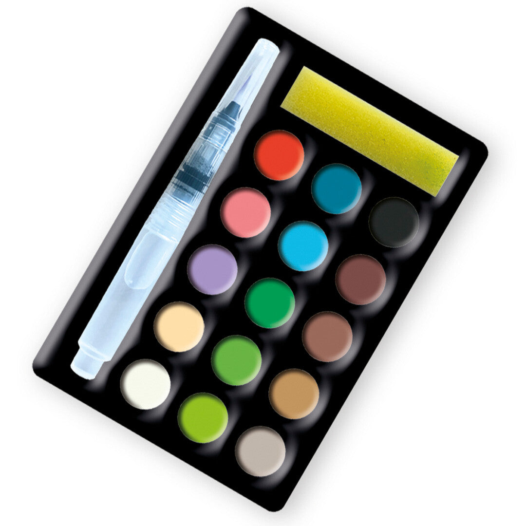 De Janod aquarelverfset met 15 kleuren, een waterkwast en een sponsje.