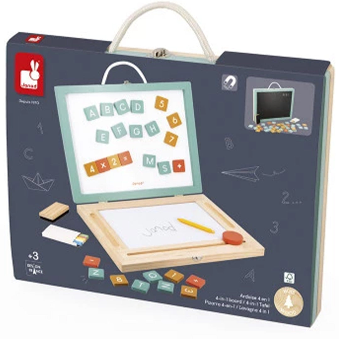 De donkerblauwe productverpakking van het Janod 4-in-1 schoolbord met een illustratie van het speelgoed.