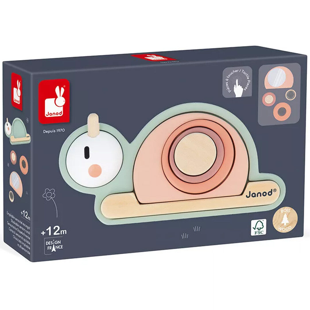 De verpakking van de Janod houten sensorische puzzel in de vorm van een slak.