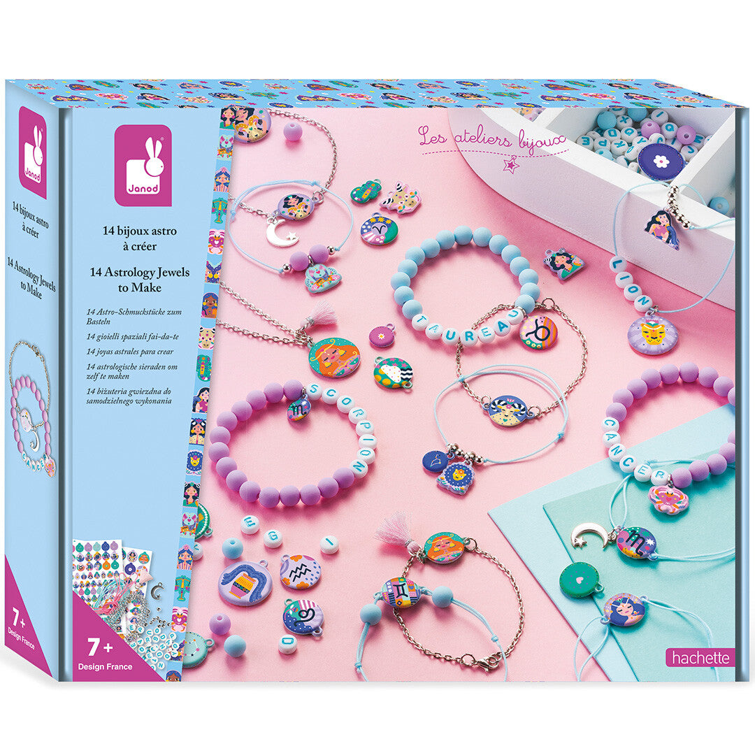 Janod sieraden maken set astrologie, afgebeeld op de verpakking met voorbeelden van gemaakte sieraden.