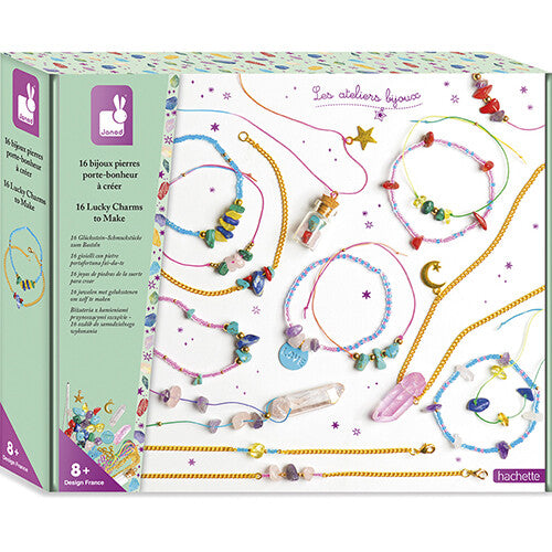 Janod knutselset verpakking voor het maken van 16 geluksstenen sieraden.