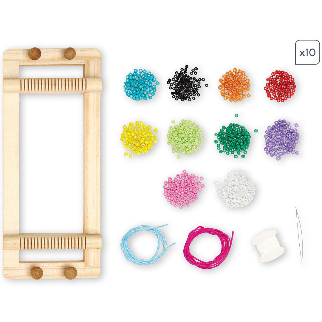 De onderdelen van de sieraden maken set met een houten weefgetouw, tien kleuren kralen, draden en een naald.