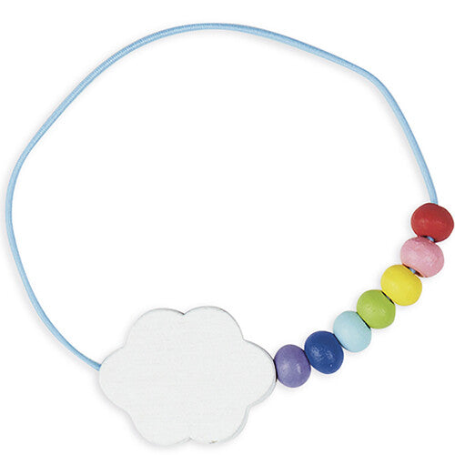Janod regenboog armband met een witte wolk en kleurrijke houten kralen.
