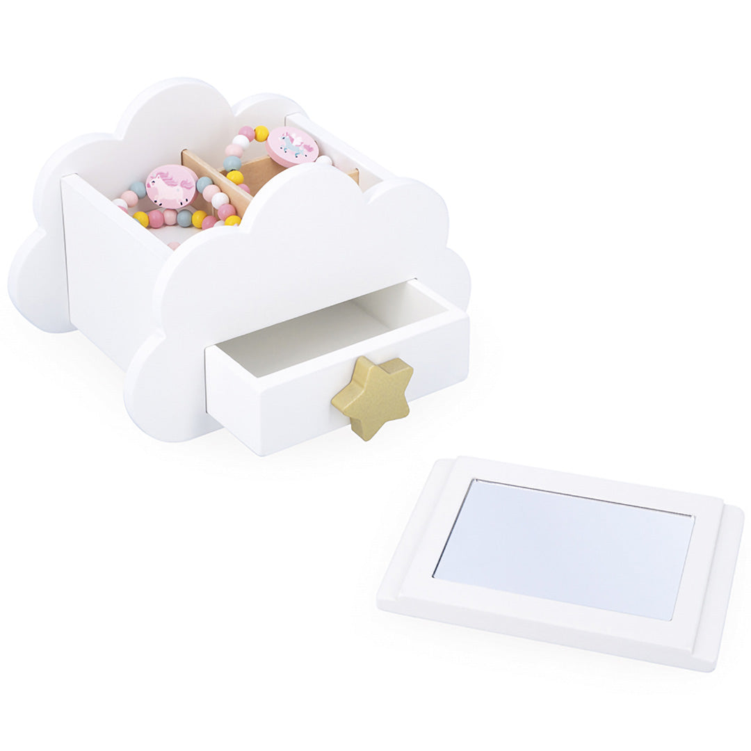 Janod houten sieradendoosje in de vorm van een wolk met een uitgeschoven lade en eenhoorn-sieraden, naast een losse spiegel.