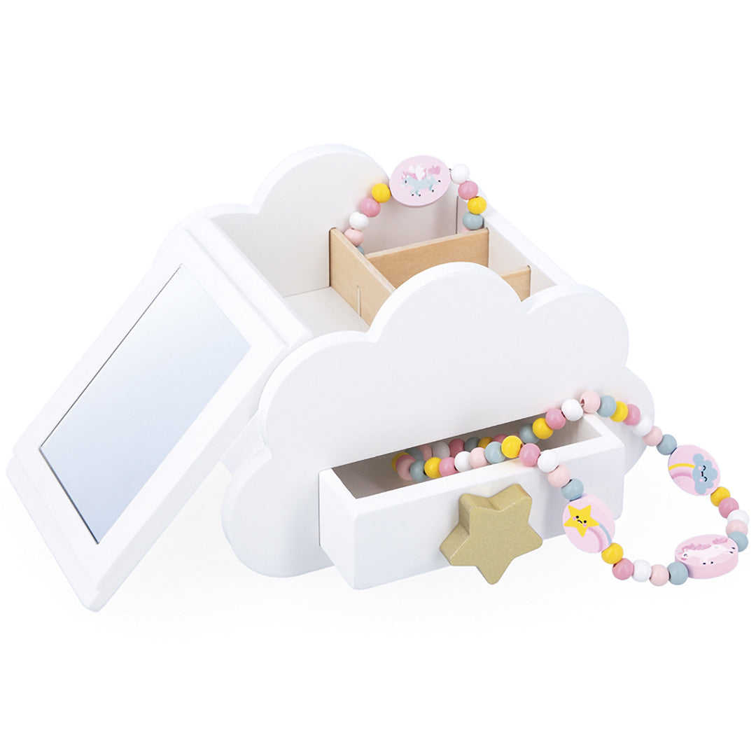 Janod houten sieradendoosje in de vorm van een wolk met opengeklapte spiegel, een uitgeschoven lade en eenhoorn-sieraden.