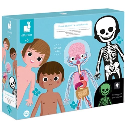 Janod educatieve puzzel van het menselijk lichaam, met afbeeldingen van een jongen, meisje, skelet en organen op de verpakking.