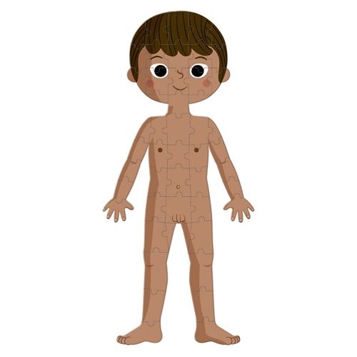 Een voltooide Janod silhouetpuzzel van een jongen met een bruine huidskleur.