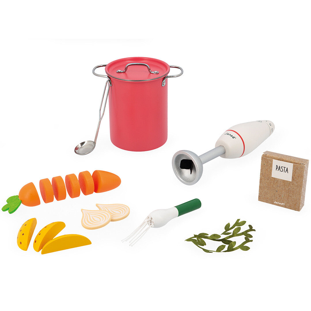 Janod speelgoed soepset met rode pan, handblender, houten wortel, uien, aardappelen en vilten pasta.
