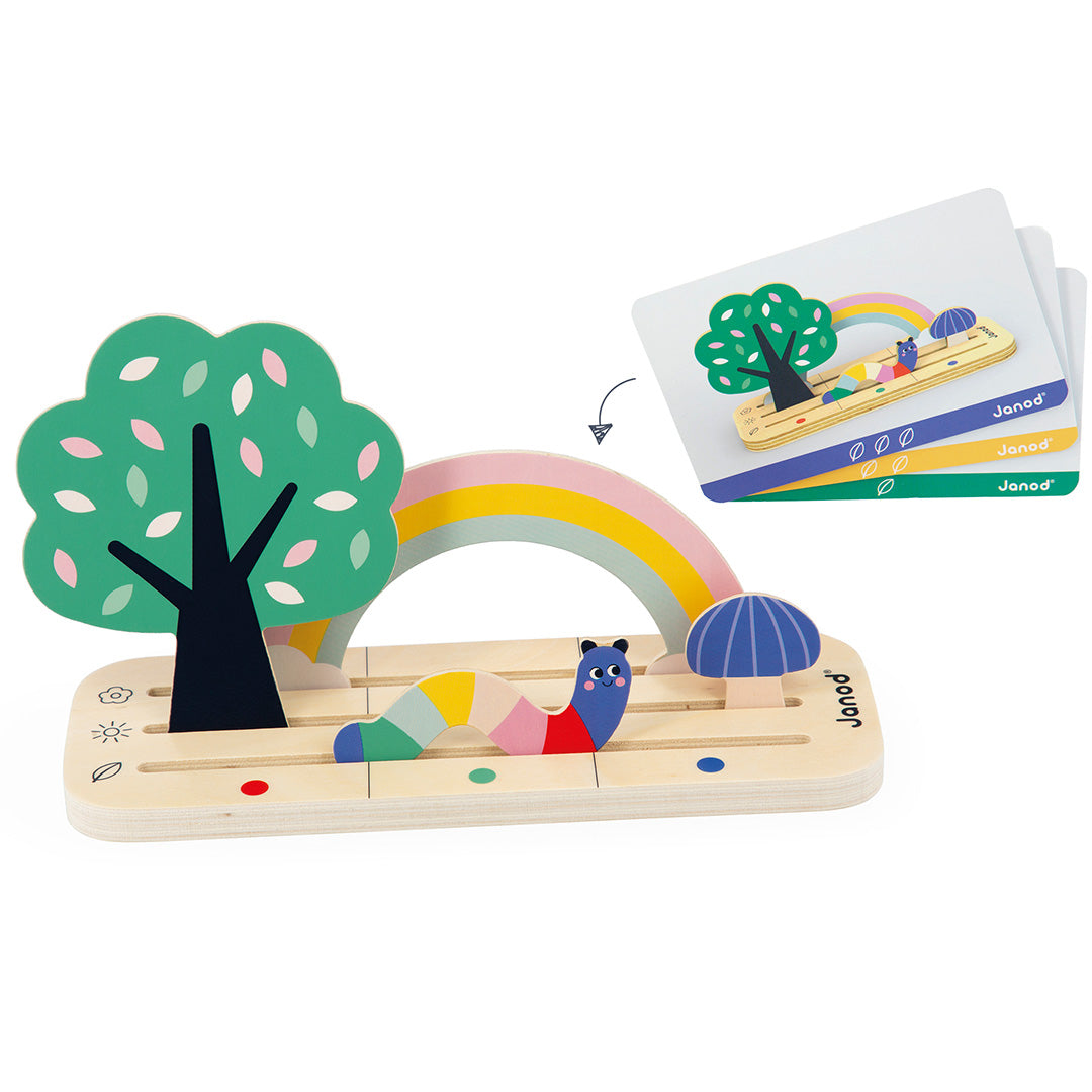 Janod houten sorteerspel 'vind je plaats in de tuin' met een rups, boom, regenboog en instructiekaarten.