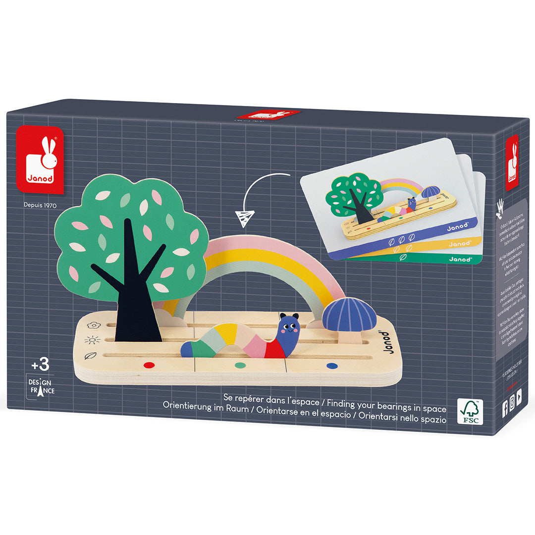 De verpakking van het Janod houten sorteerspel 'vind je plaats in de tuin'.
