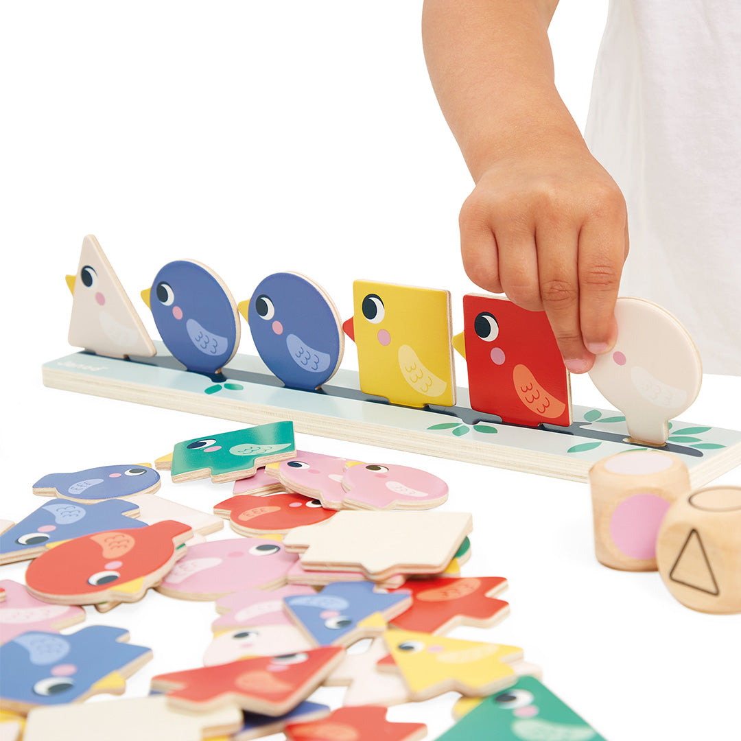 Een kinderhand plaatst een wit vogelstuk op het Janod houten sorteerspel vogels met geometrische vormen.
