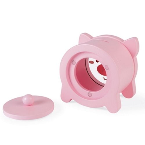 Roze houten spaarpot in de vorm van een varken met de achterkant open.