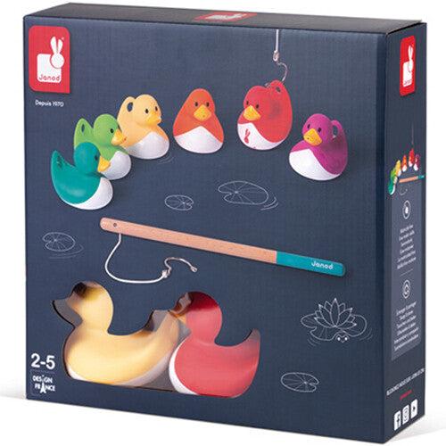 De verpakking van het Janod badspeelgoed 'Vang de eendjes' met een kijkvenster.