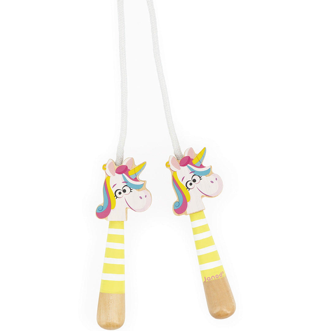 Janod springtouw met twee houten eenhoorn handvatten en wit touw.