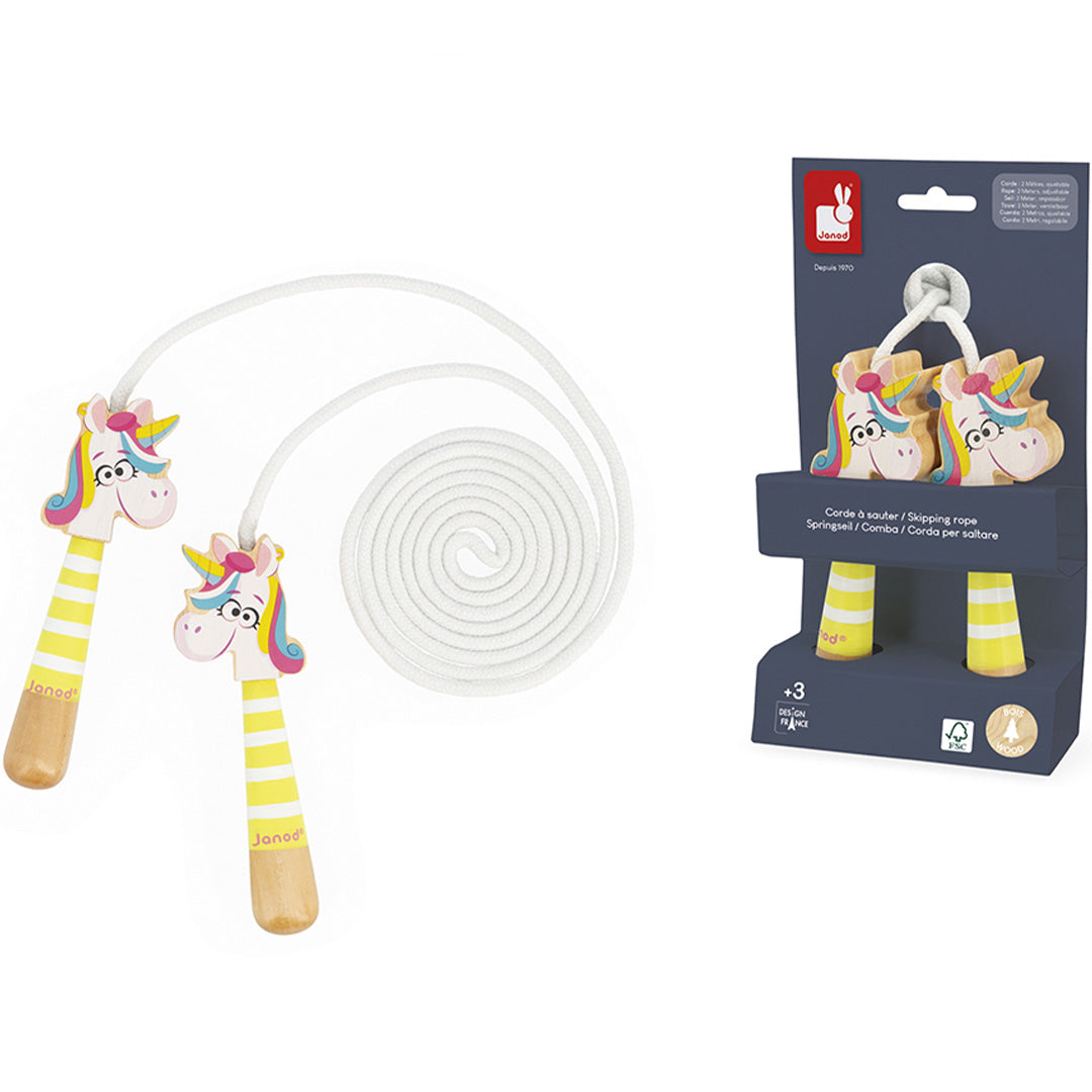 Janod springtouw met eenhoorn handvatten naast de productverpakking.