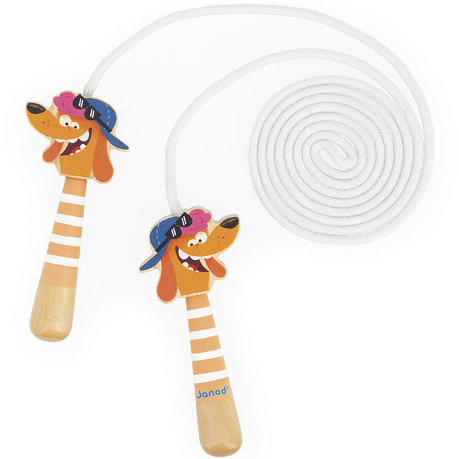Janod springtouw met houten handvatten in de vorm van oranje hondenkoppen en een wit touw.