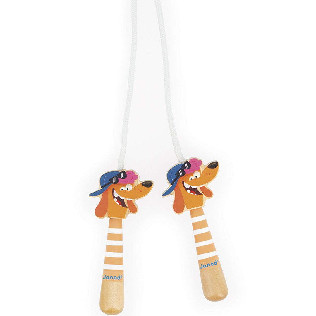 Janod springtouw met twee houten handvatten in de vorm van oranje hondenkoppen, van voren gezien.