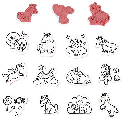 Collectie van 15 Janod rubberen stempels met eenhoorns en bijbehorende figuren.