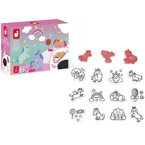 De Janod stempels eenhoorns set met de roze verpakking en alle 15 losse eenhoornstempels.
