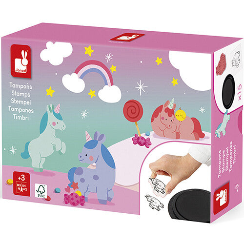 Janod stempels eenhoorns set in roze verpakking met illustraties van eenhoorns en een regenboog.