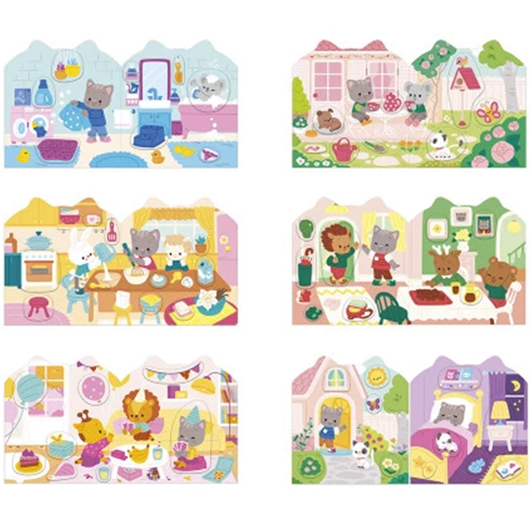 Collectie van zes verschillende scènes uit het Janod stickerboek met dieren in huiselijke omgevingen.