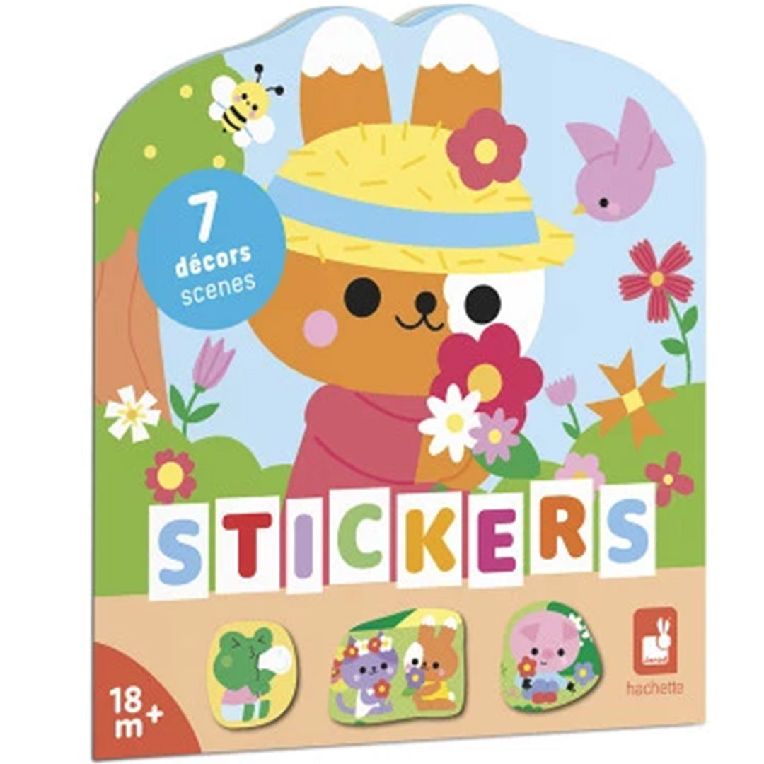 Janod stickerboek 'Het Platteland' verpakking met een illustratie van een vosje in een bloementuin.
