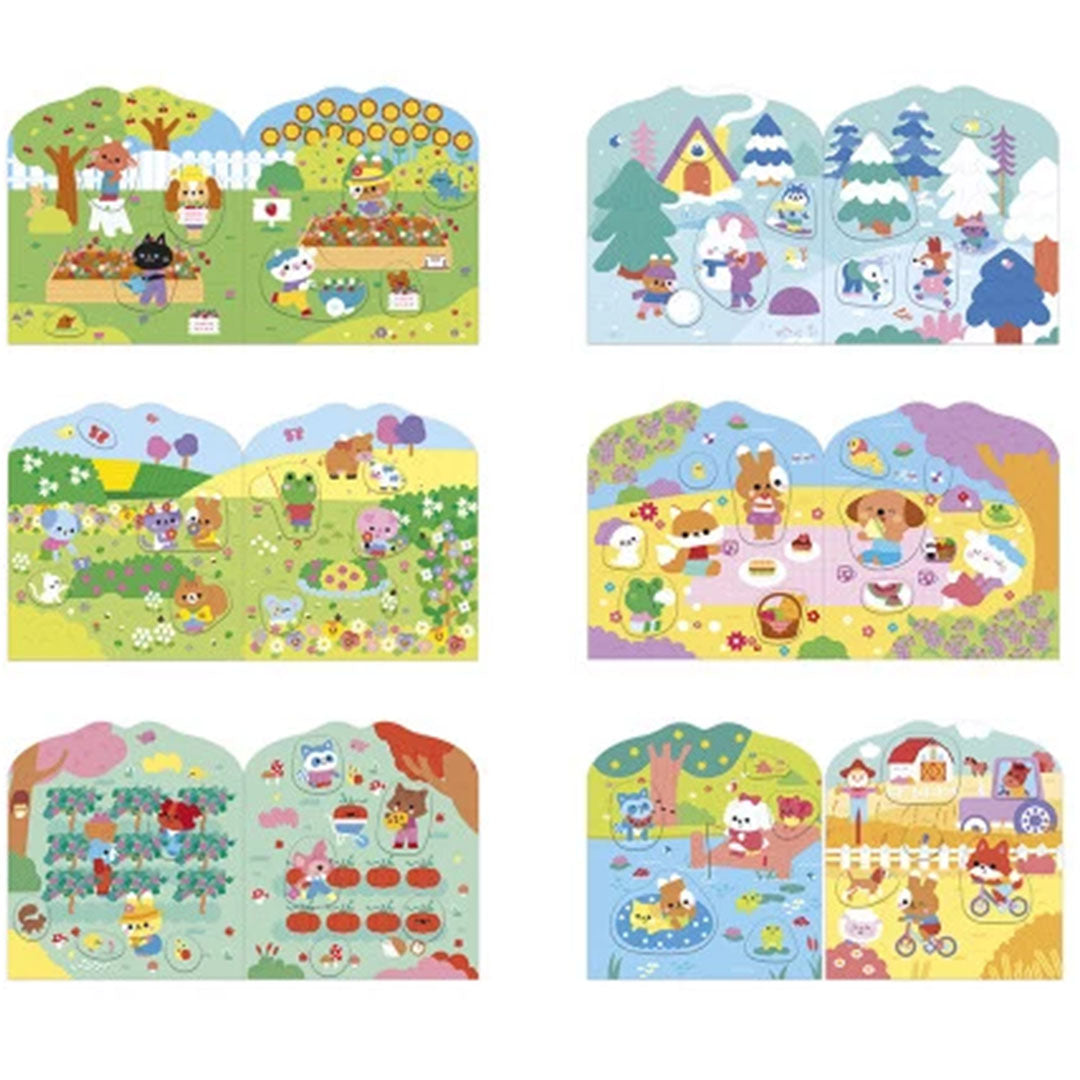 Zes verschillende scènes uit het Janod stickerboek 'Het Platteland' met diverse dieren en landschappen.