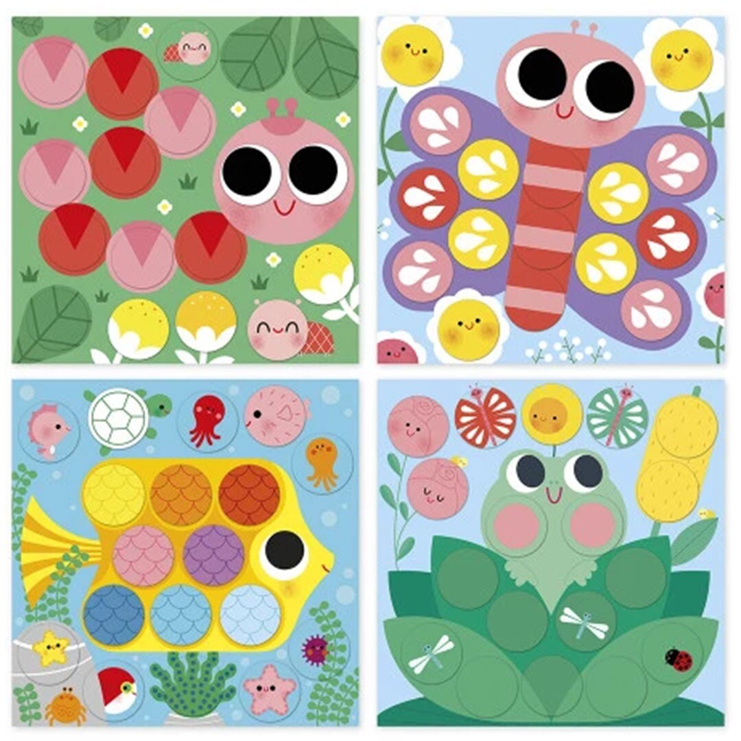 Vier voorbeelden van stickercreaties met dieren zoals een vlinder, vis, kikker en insect.