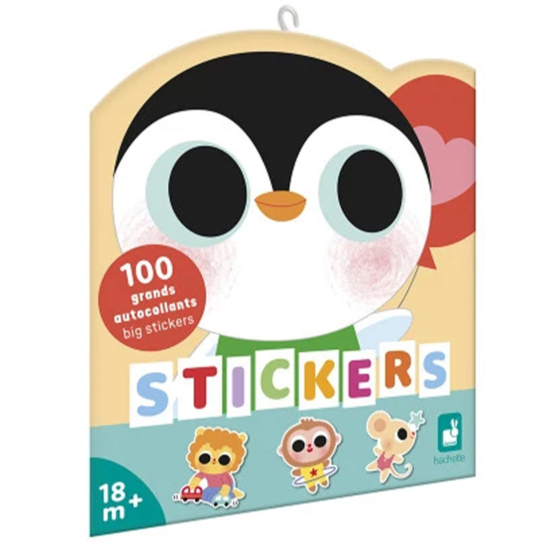Janod stickerboek voor baby's en peuters met een pinguïn en kleine dierenstickers op de voorkant.