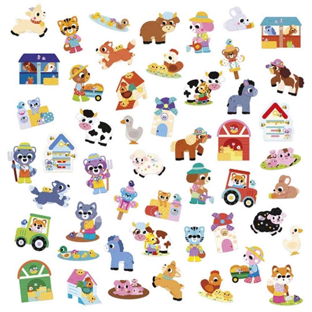 Collectie van diverse Janod boerderijdieren stickers, waaronder koeien, kippen, paarden en tractoren.
