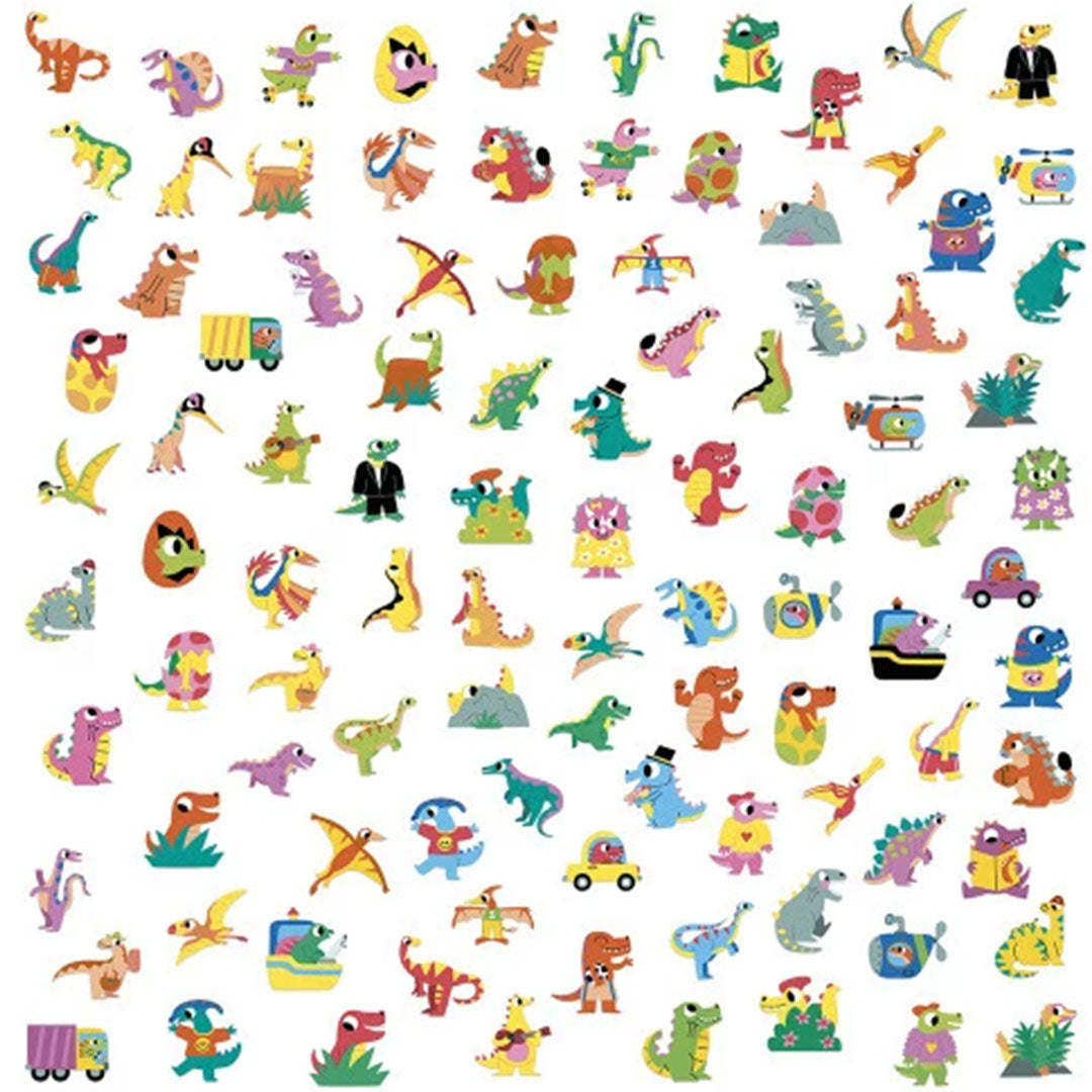 Collectie van diverse kleurrijke dinosaurus stickers in verschillende poses.