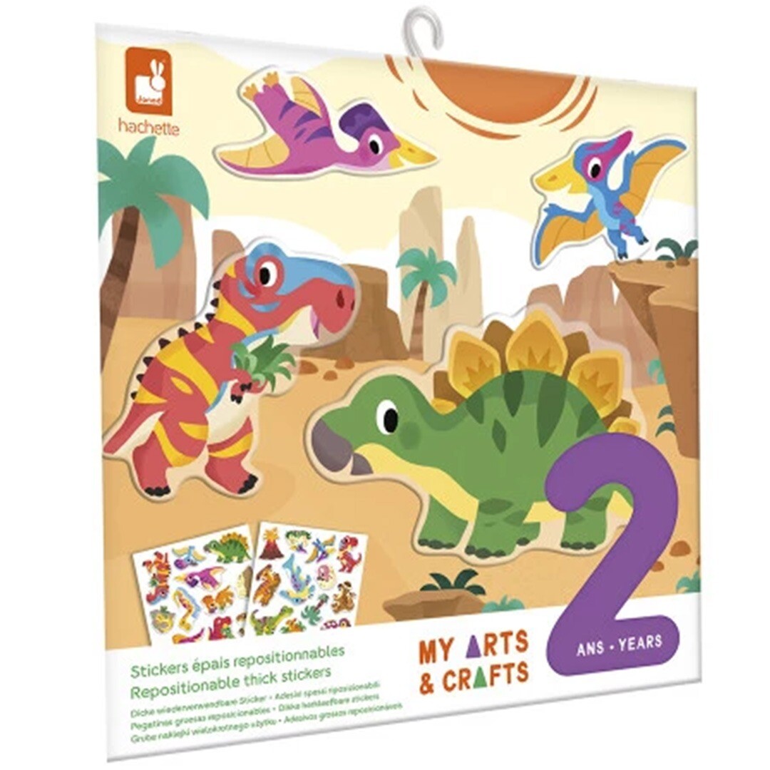 Janod verpakking van herbruikbare dinosaurus stickers met afbeeldingen van kleurrijke dino's en een landschap.