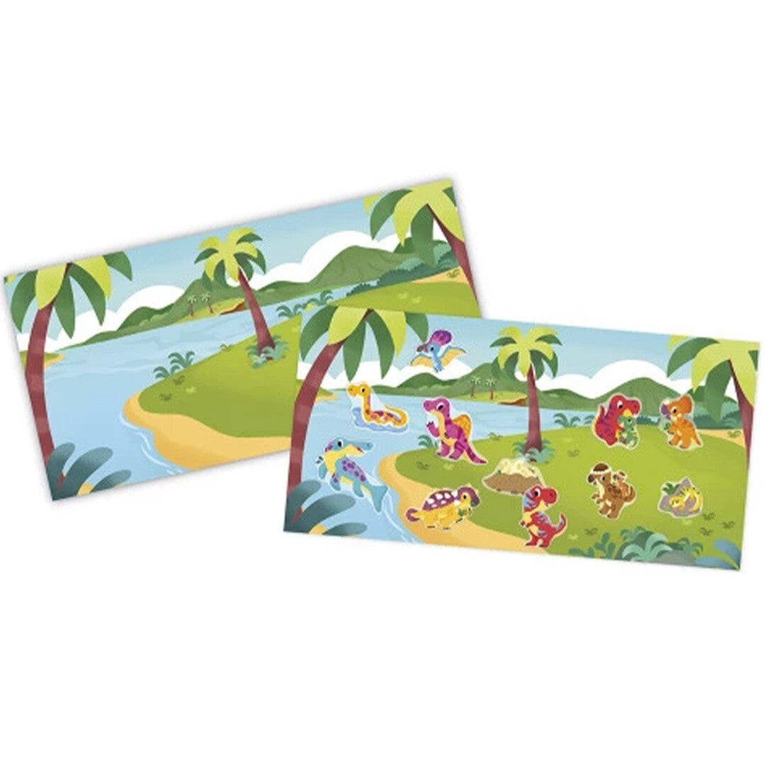 Twee landschapsscènes voor Janod herbruikbare dinosaurus stickers, waarvan één met geplaatste dino stickers.