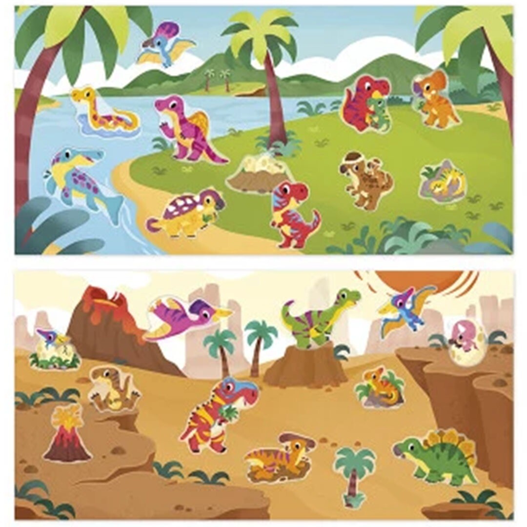 Twee verschillende prehistorische landschapsscènes met daarop diverse Janod herbruikbare dinosaurus stickers.