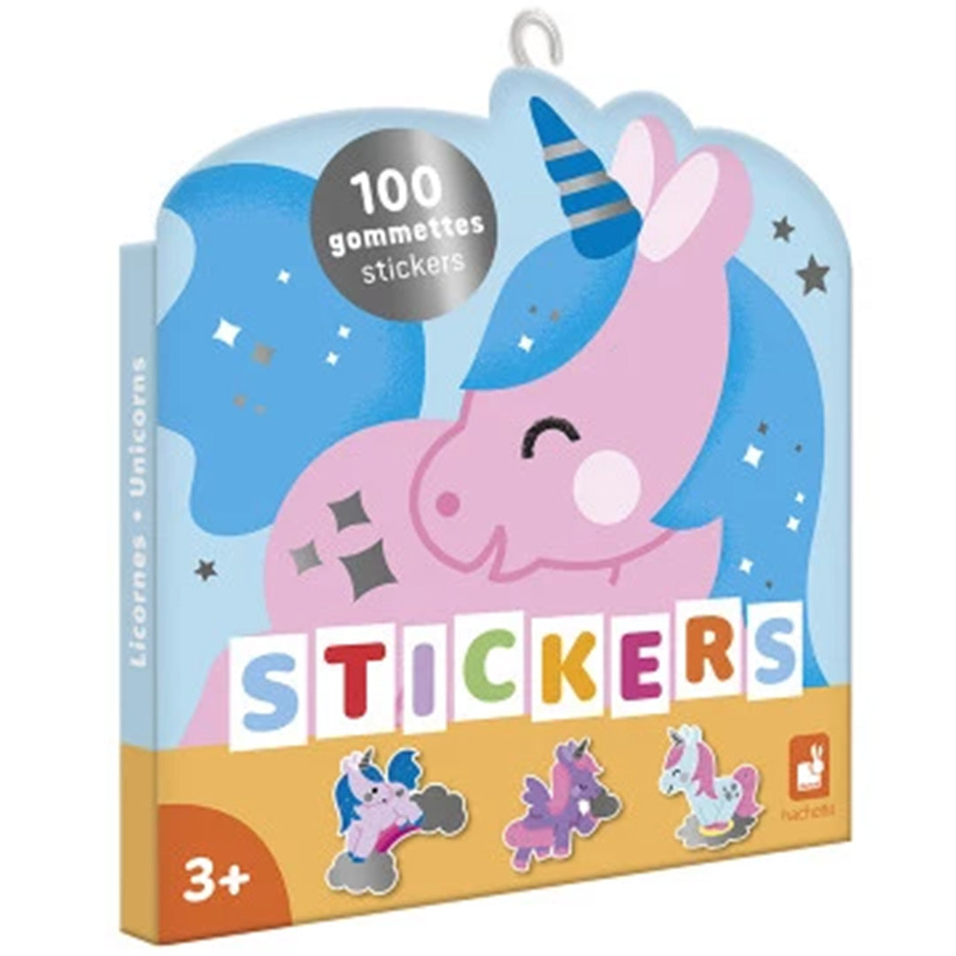 Janod eenhoorn stickers verpakking met een roze en blauwe eenhoorn en de tekst '100 stickers'.