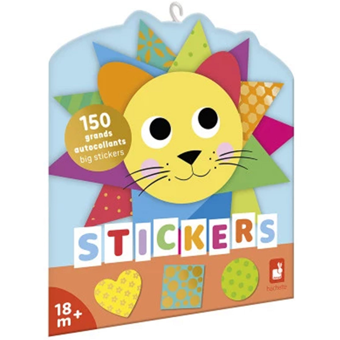 De verpakking van de Janod stickers met een kleurrijke leeuw van geometrische vormen en de tekst '150 big stickers'.