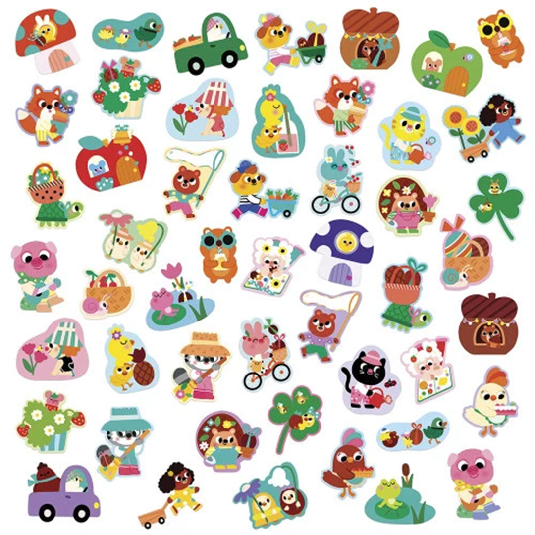 Collectie van lente stickers met diverse dieren, bloemen en voertuigen.