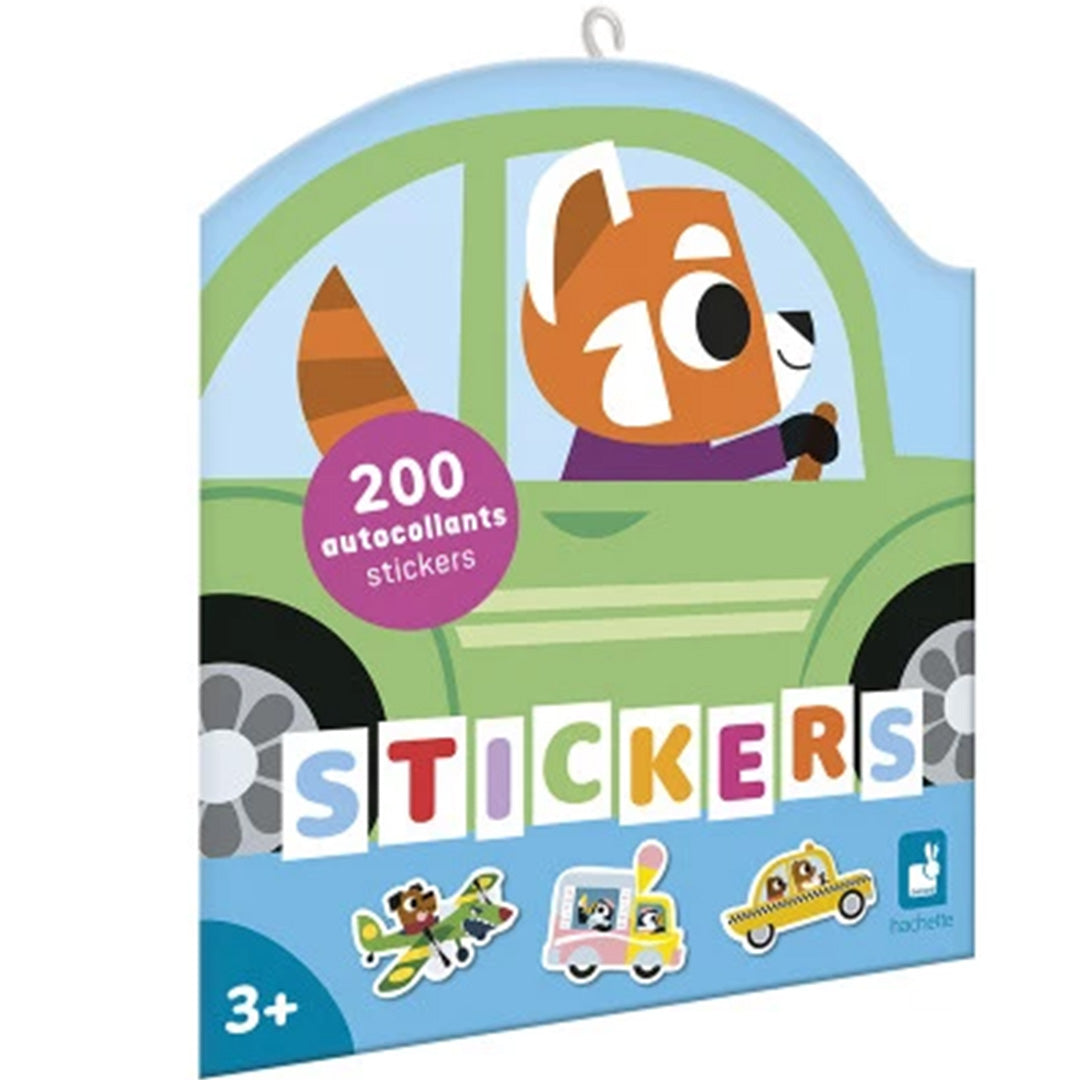 Janod stickerverpakking met een rode panda in een groene auto en de tekst '200 stickers'.