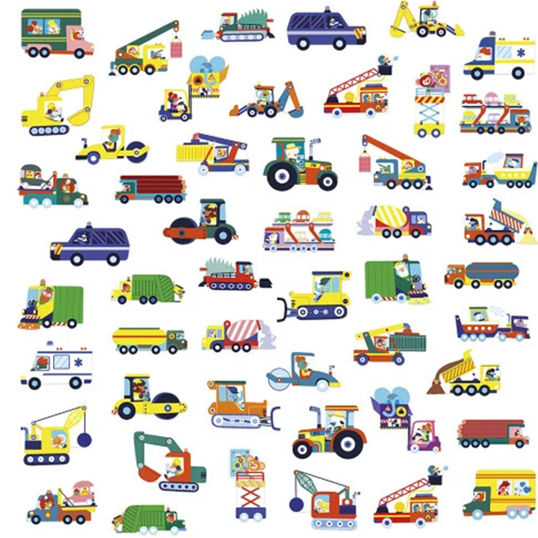Een collectie van diverse kleurrijke voertuigstickers, waaronder auto's, vrachtwagens en bouwvoertuigen.