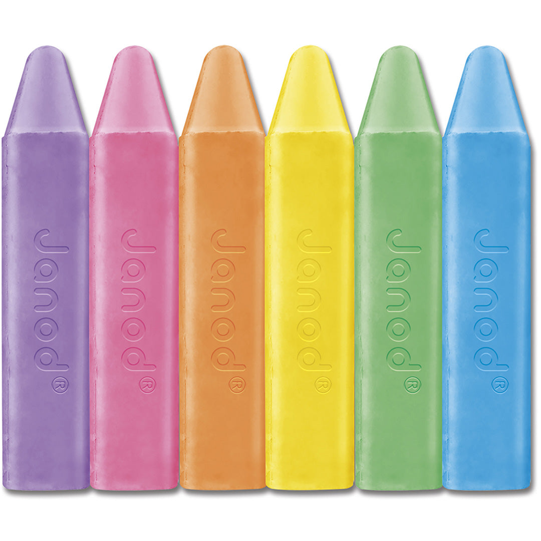Zes Janod stoepkrijtjes in paars, roze, oranje, geel, groen en blauw, naast elkaar liggend.