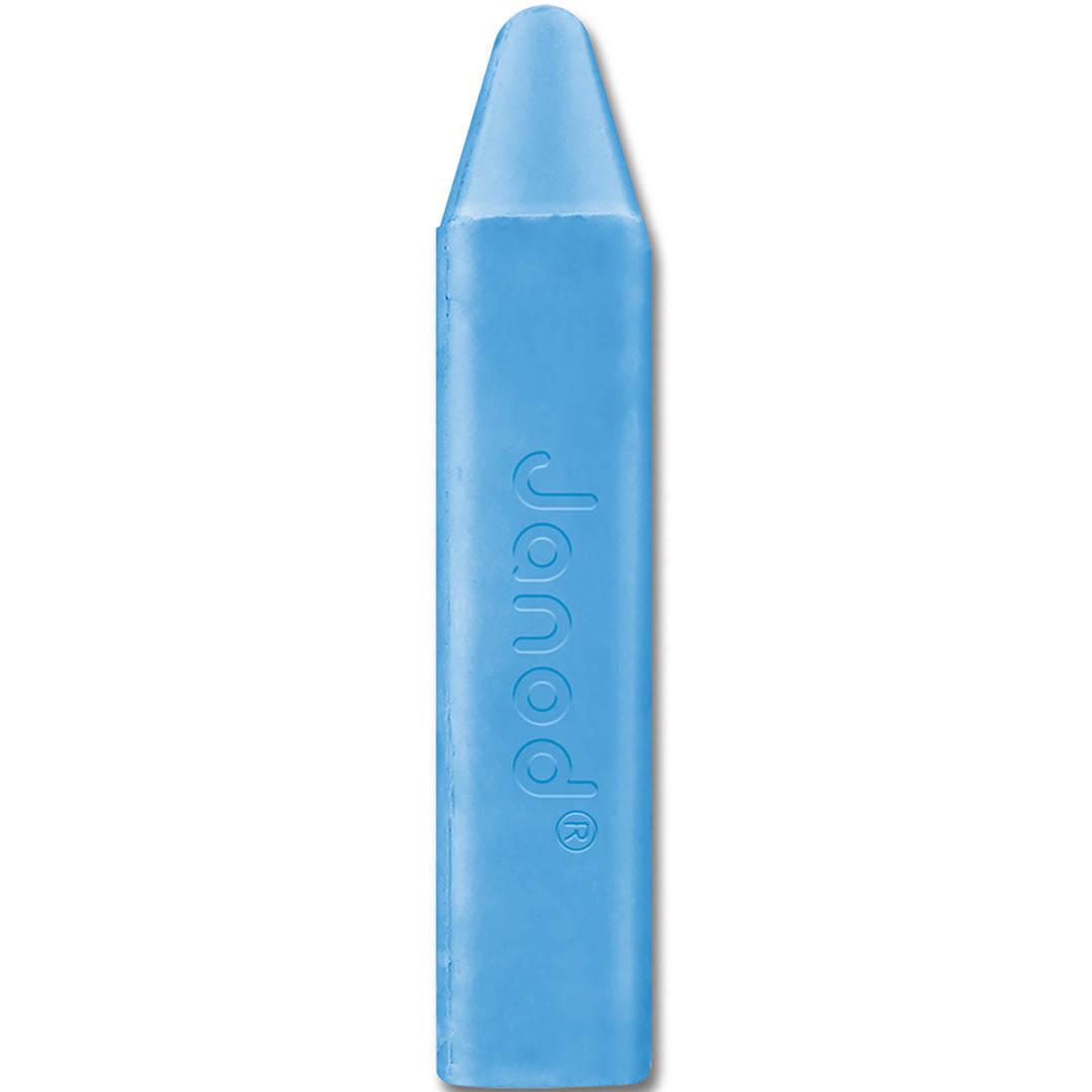 Detail van een enkel blauw Janod stoepkrijtje met het merklogo.