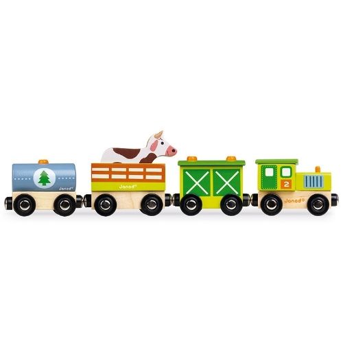 Janod houten boerderijtrein met locomotief, twee wagons en een tankwagon met koe.