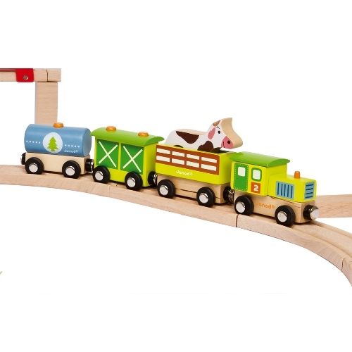 Janod houten boerderijtrein met koe op een houten spoorbaan.