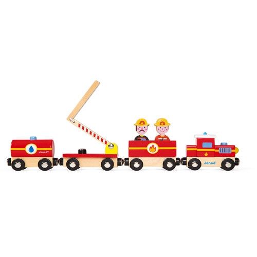 Janod houten brandweertrein met vier wagons, inclusief brandweerlieden en een uitschuifbare ladder.