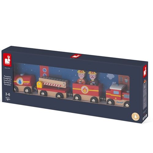 Verpakking van de Janod houten brandweertrein.