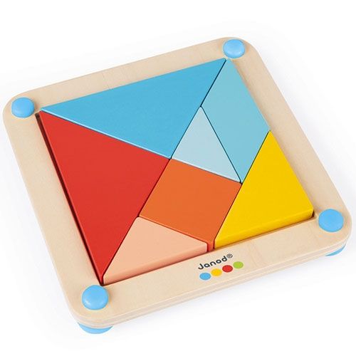 Janod houten tangram puzzel met veelkleurige geometrische stukken in een vierkante houten lijst.