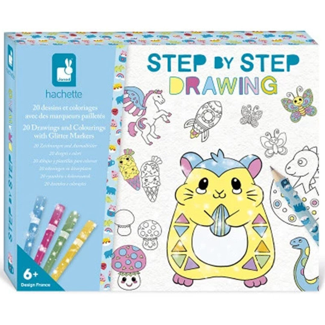 Verpakking van de Janod tekenset 'Step by Step Drawing' met glitterstiften, met illustraties van dieren en figuren.