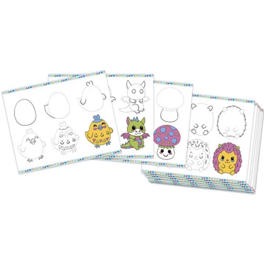 Collectie instructiekaarten van de Janod tekenset met stap-voor-stap tekeningen van een kuiken, draak, paddenstoel en egel.
